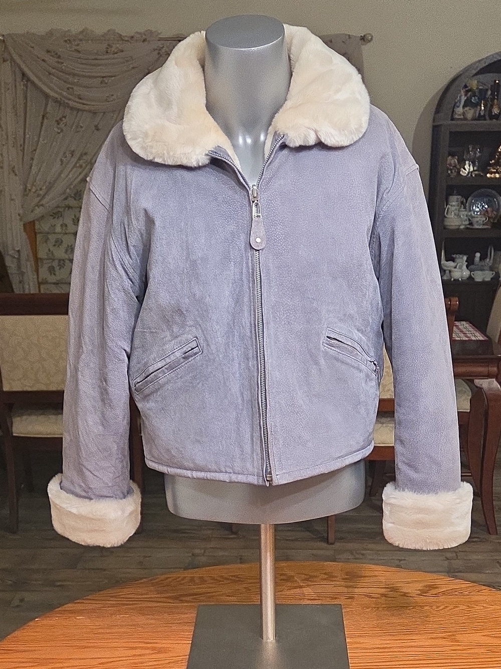Halston Women’s S Gray Suede Short Jacket Faux Fur Lined Trim Full Zip